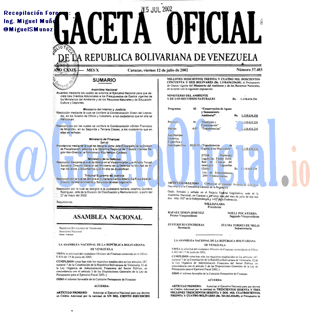 Gaceta Oficial 37483 del 12 Julio 2002