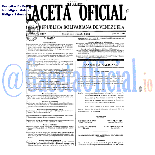 Gaceta Oficial 37484 del 15 Julio 2002