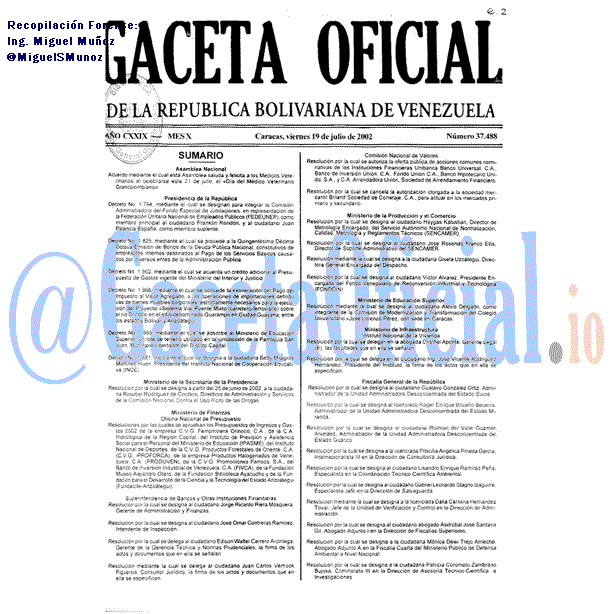 Gaceta Oficial 37488 del 19 Julio 2002