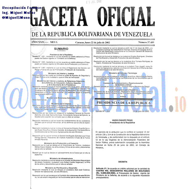 Gaceta Oficial 37489 del 22 Julio 2002