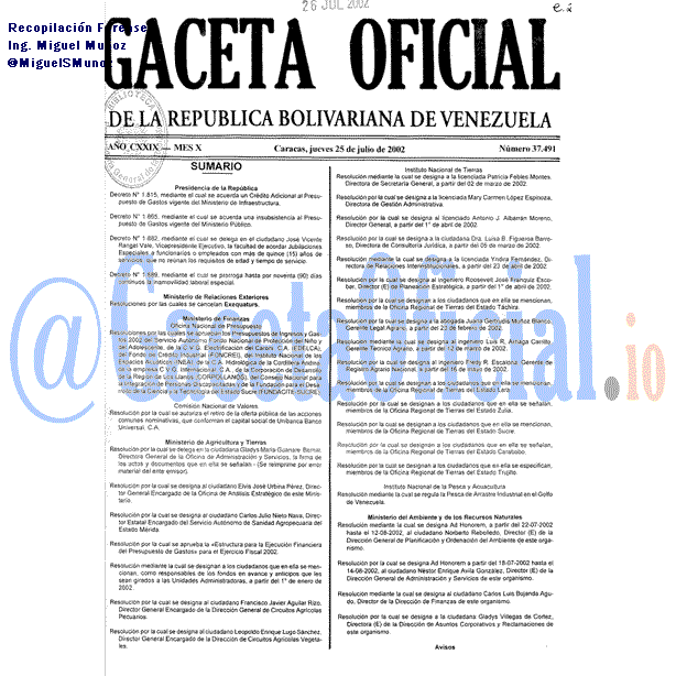 Gaceta Oficial 37491 del 25 Julio 2002