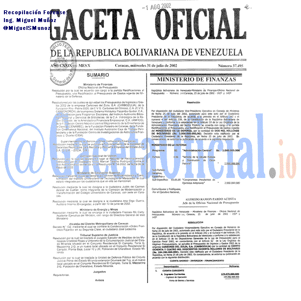 Gaceta Oficial 37495 del 31 Julio 2002