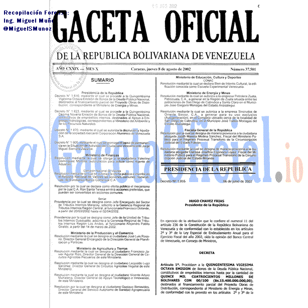 Gaceta Oficial 37501 del 8 Agosto 2002