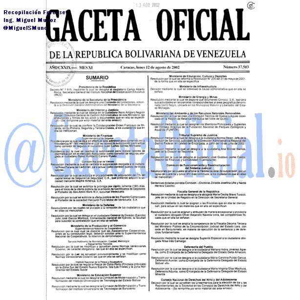 Gaceta Oficial 37503 del 12 Agosto 2002