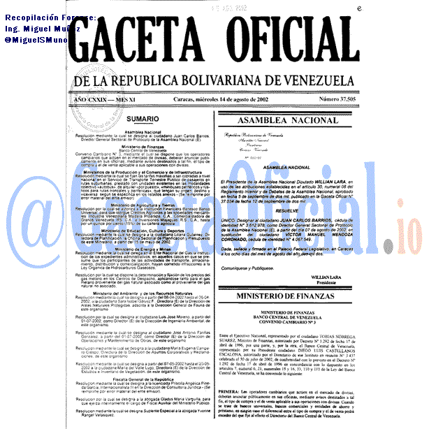 Gaceta Oficial 37505 del 14 Agosto 2002