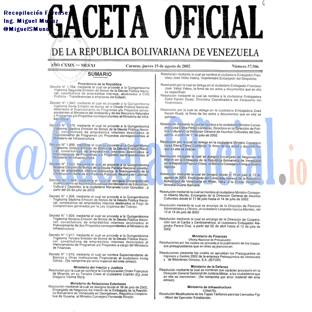Gaceta Oficial 37506 del 15 Agosto 2002