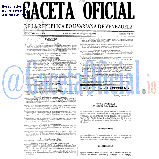 Gaceta Oficial 37508 del 19 Agosto 2002