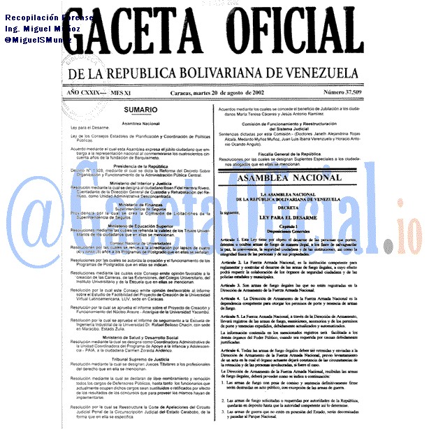 Gaceta Oficial 37509 del 20 Agosto 2002