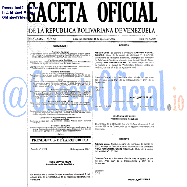 Gaceta Oficial 37510 del 21 Agosto 2002