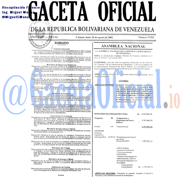 Gaceta Oficial 37513 del 26 Agosto 2002