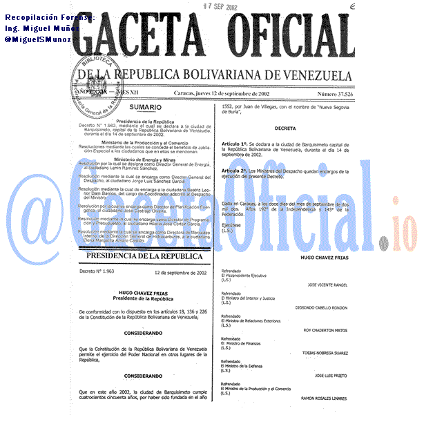Gaceta Oficial 37526 del 12 Septiembre 2002