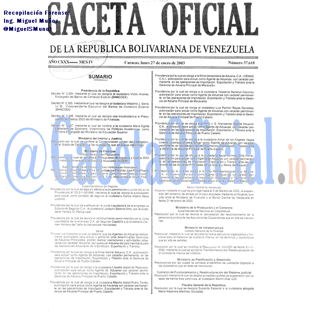 Gaceta Oficial 37618 del 27 Enero 2003