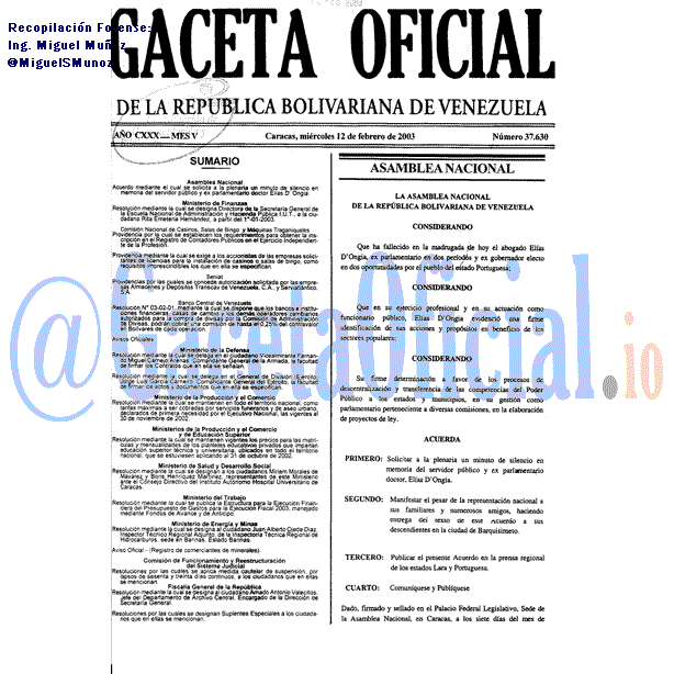 Gaceta Oficial 37630 del 12 Febrero 2003