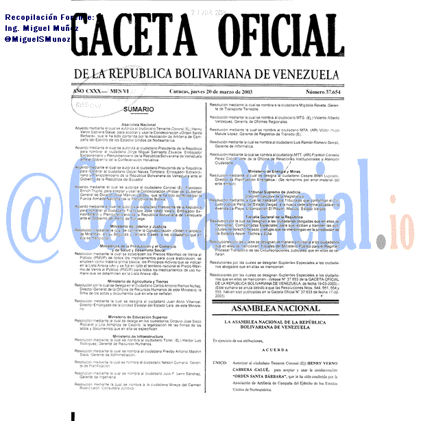 Gaceta Oficial 37654 del 20 Marzo 2003