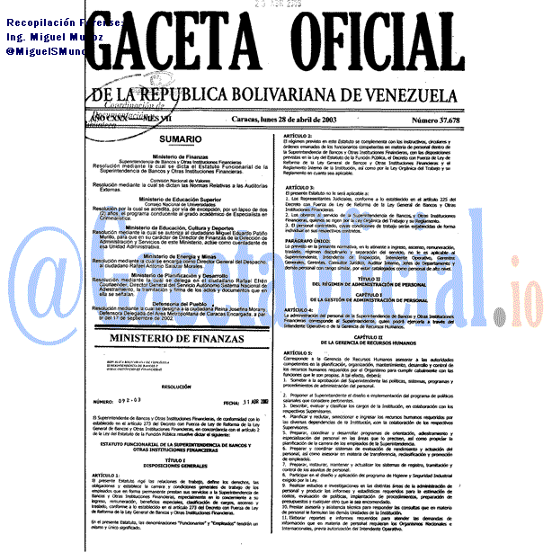 Gaceta Oficial 37678 del 28 Abril 2003