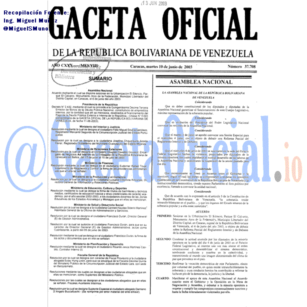 Gaceta Oficial 37708 del 10 Junio 2003