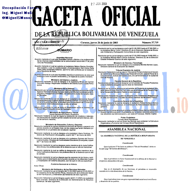 Gaceta Oficial 37719 del 26 Junio 2003