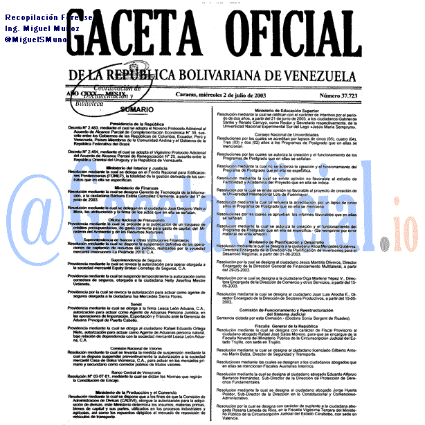 Gaceta Oficial 37723 del 2 Julio 2003