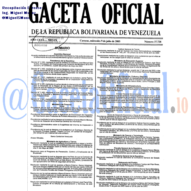 Gaceta Oficial 37728 del 9 Julio 2003