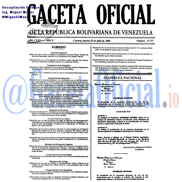 Gaceta Oficial 37737 del 22 Julio 2003