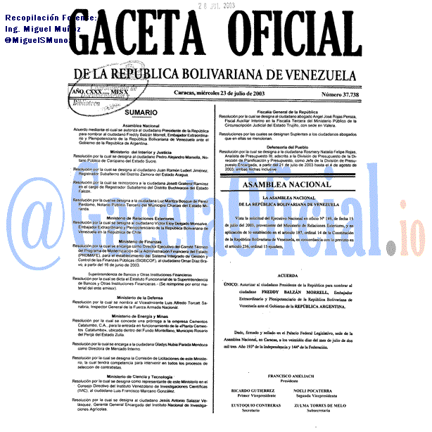 Gaceta Oficial 37738 del 23 Julio 2003