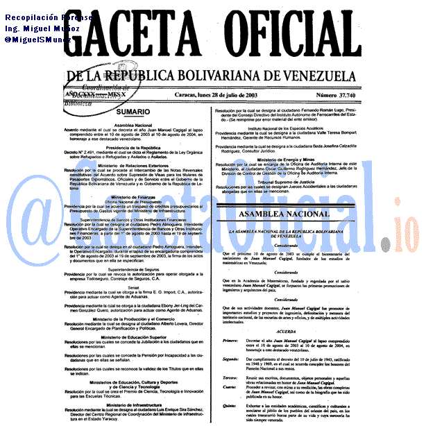 Gaceta Oficial 37740 del 28 Julio 2003