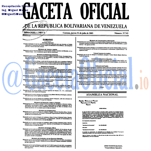 Gaceta Oficial 37743 del 31 Julio 2003