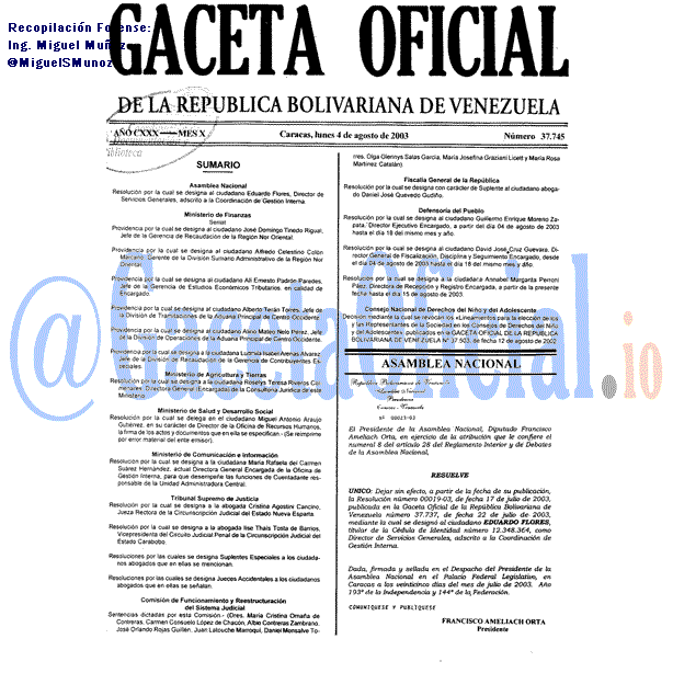 Gaceta Oficial 37745 del 4 Agosto 2003