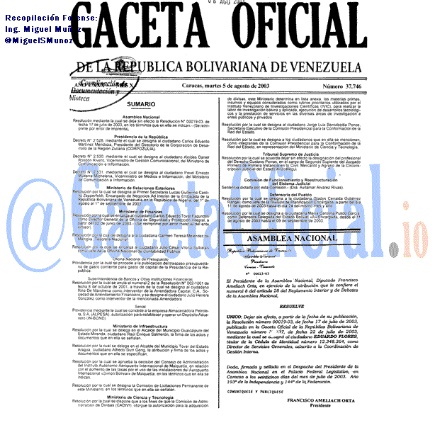 Gaceta Oficial 37746 del 5 Agosto 2003