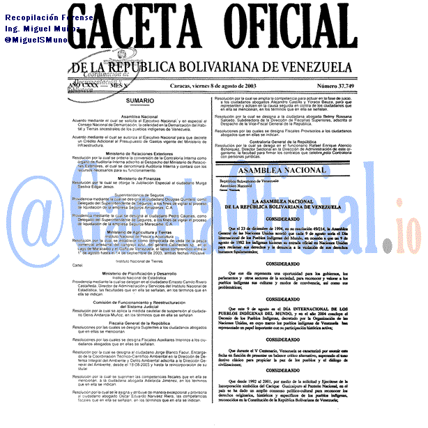 Gaceta Oficial 37749 del 8 Agosto 2003