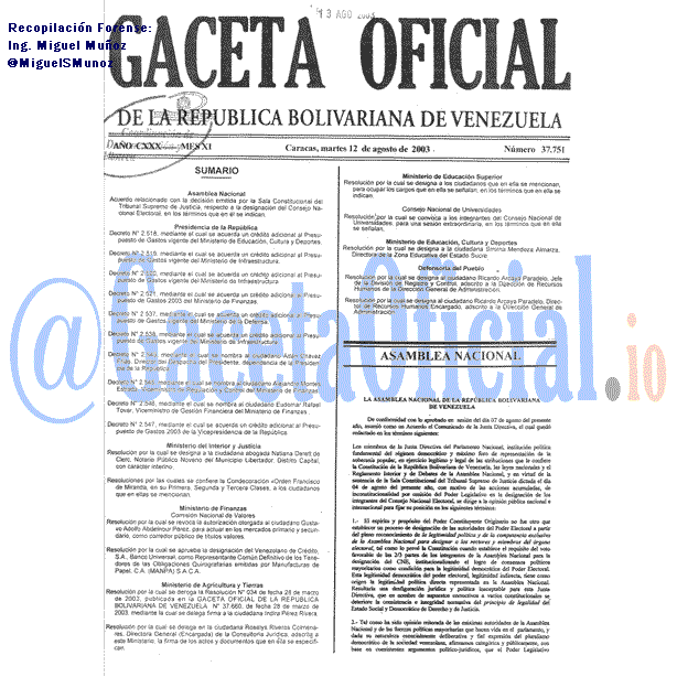 Gaceta Oficial 37751 del 12 Agosto 2003