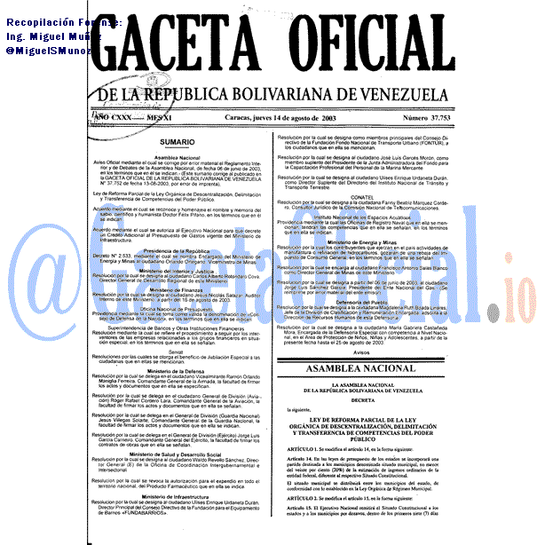 Gaceta Oficial 37753 del 14 Agosto 2003