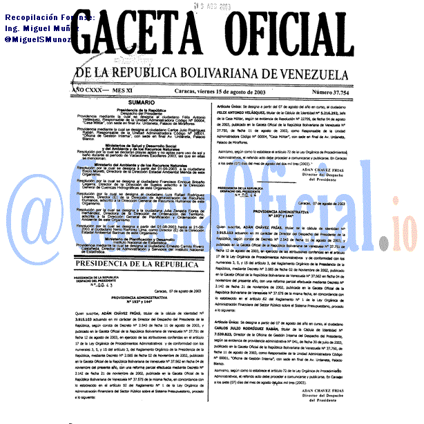 Gaceta Oficial 37754 del 15 Agosto 2003