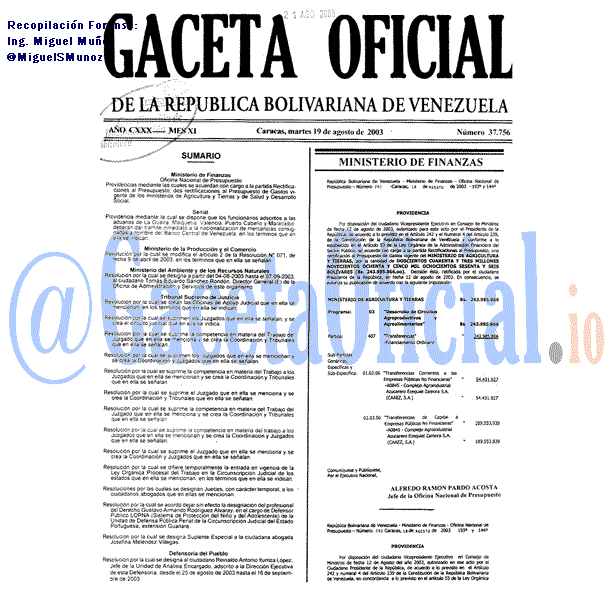 Gaceta Oficial 37756 del 19 Agosto 2003