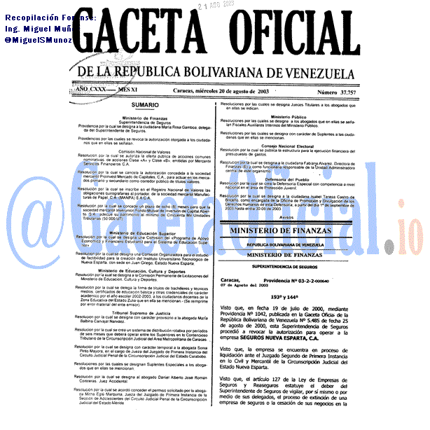 Gaceta Oficial 37757 del 20 Agosto 2003