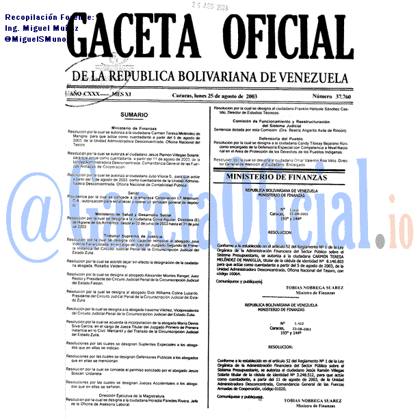 Gaceta Oficial 37760 del 25 Agosto 2003