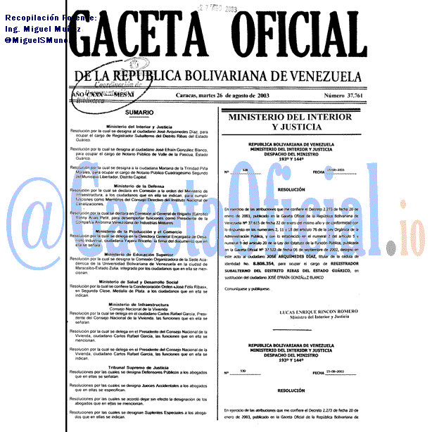 Gaceta Oficial 37761 del 26 Agosto 2003