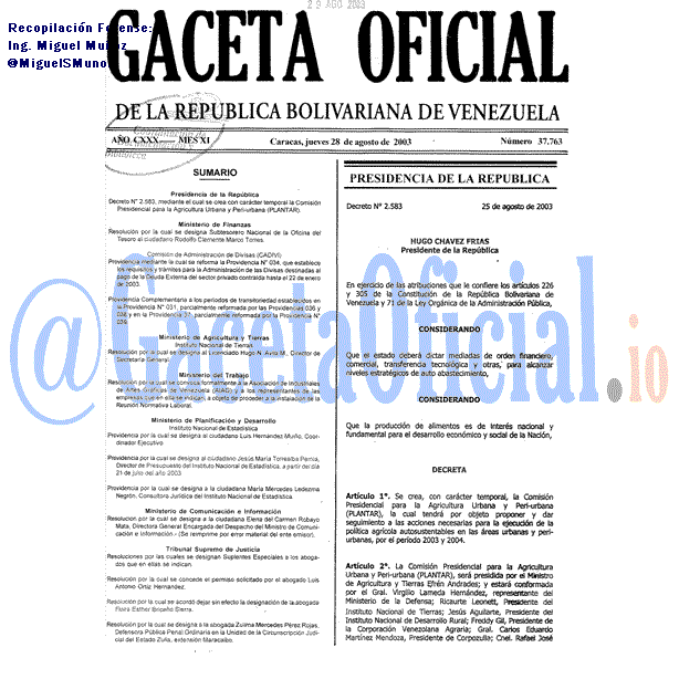 Gaceta Oficial 37763 del 28 Agosto 2003
