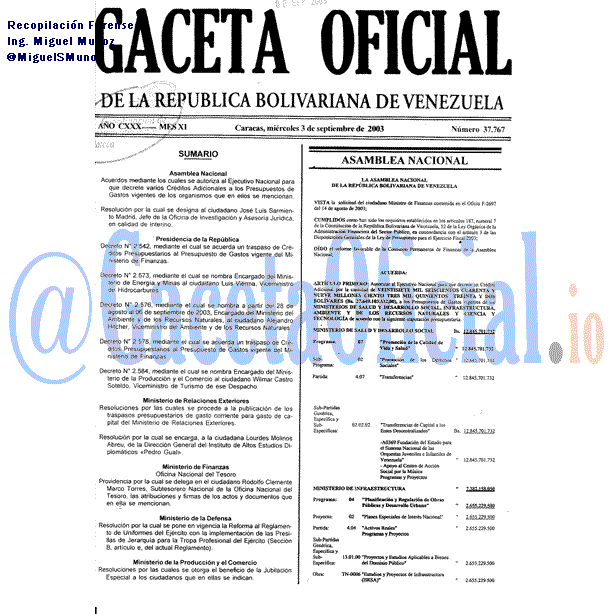 Gaceta Oficial 37767 del 3 Septiembre 2003