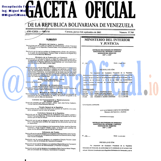 Gaceta Oficial 37768 del 4 Septiembre 2003