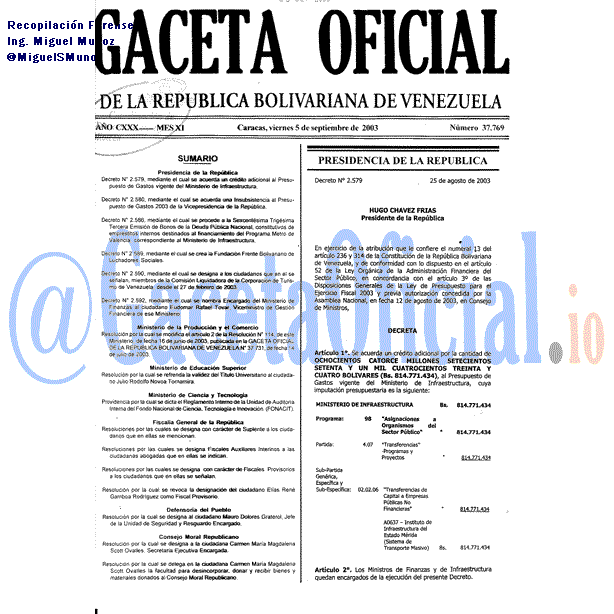 Gaceta Oficial 37769 del 5 Septiembre 2003