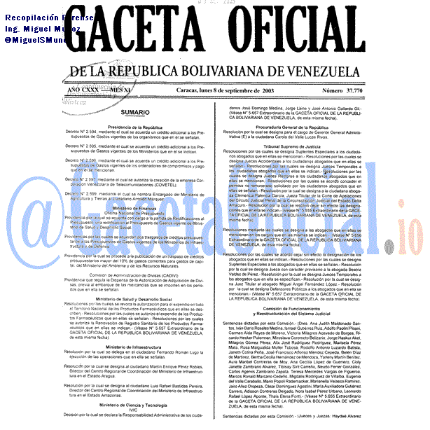 Gaceta Oficial 37770 del 8 Septiembre 2003