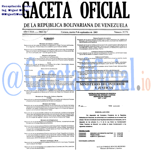 Gaceta Oficial 37771 del 9 Septiembre 2003