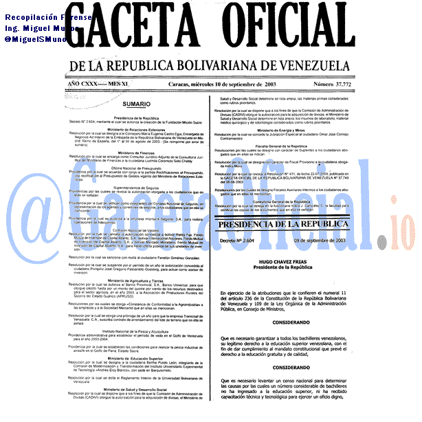 Gaceta Oficial 37772 del 10 Septiembre 2003