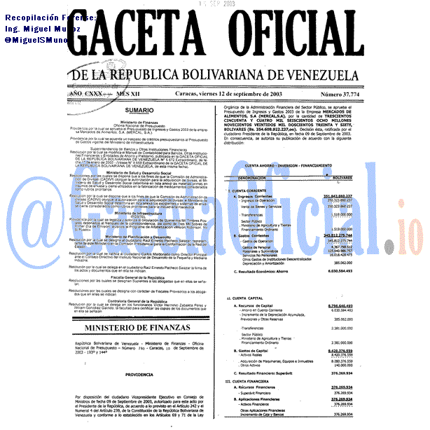 Gaceta Oficial 37774 del 12 Septiembre 2003