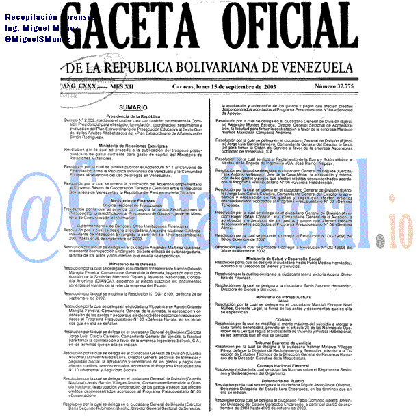 Gaceta Oficial 37775 del 15 Septiembre 2003