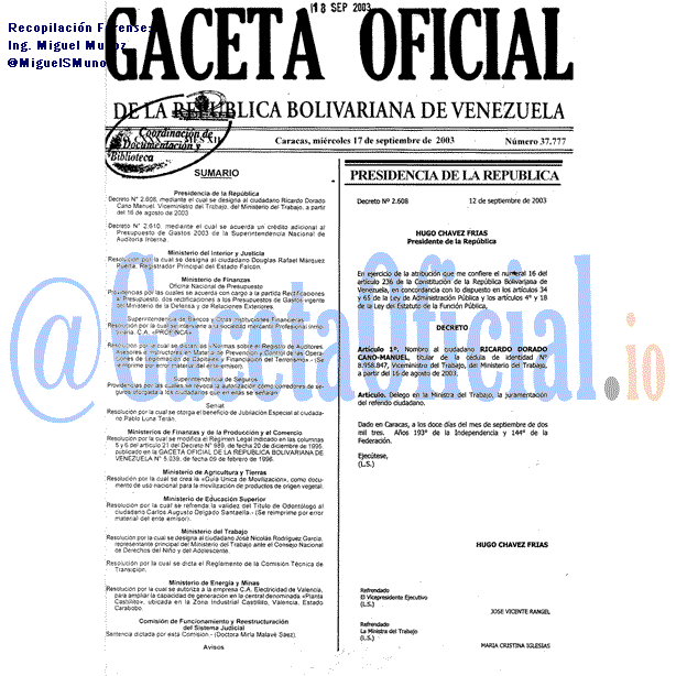 Gaceta Oficial 37777 del 17 Septiembre 2003