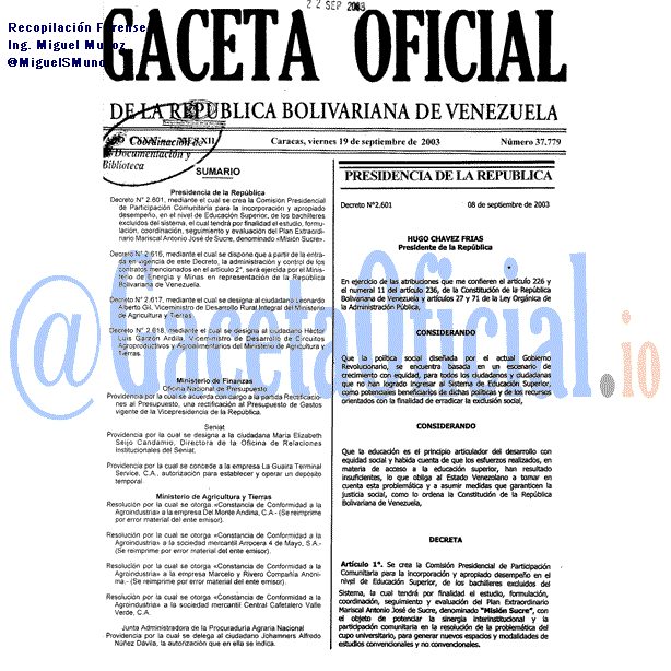Gaceta Oficial 37779 del 19 Septiembre 2003