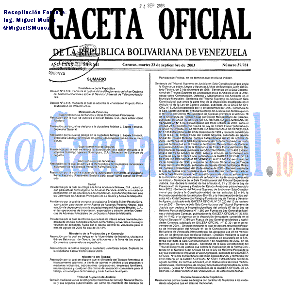 Gaceta Oficial 37781 del 23 Septiembre 2003
