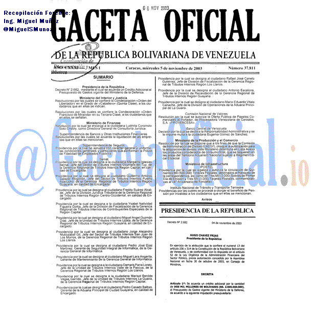 Gaceta Oficial 37811 del 5 Noviembre 2003